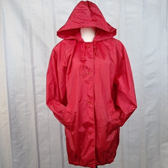 Janeve Jackets & Blazers - JANEVE S Vintage Red Nylon Hoodie Jacket Button Front Oversized Streetwear